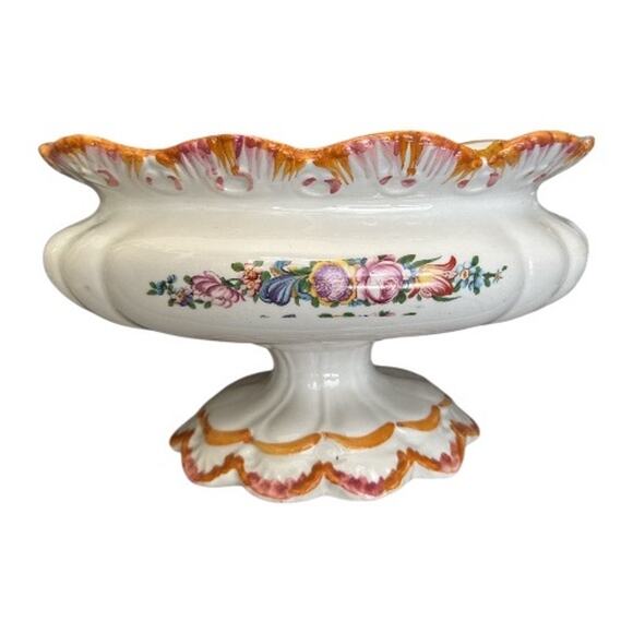 Vintage Italian Hand Painted Tureen Pedestal Scalloped Edge Vase - Picture 2 of 10
